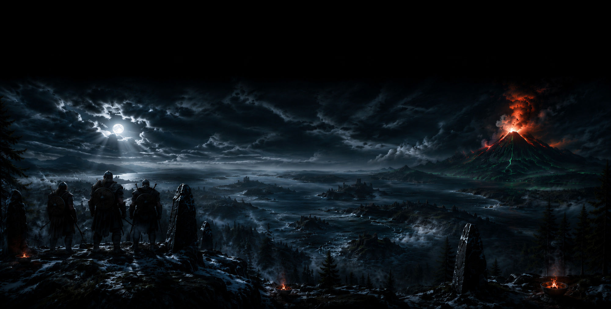 Vikings overlooking the isles under a stormy moonlit night