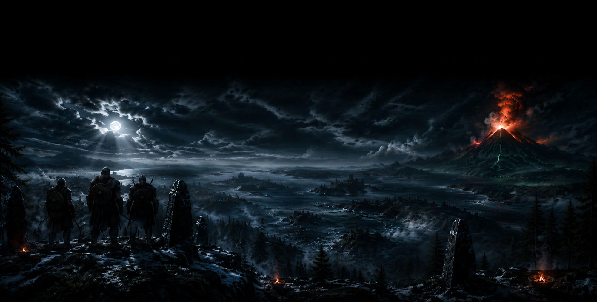 Vikings overlooking the isles under a stormy moonlit night